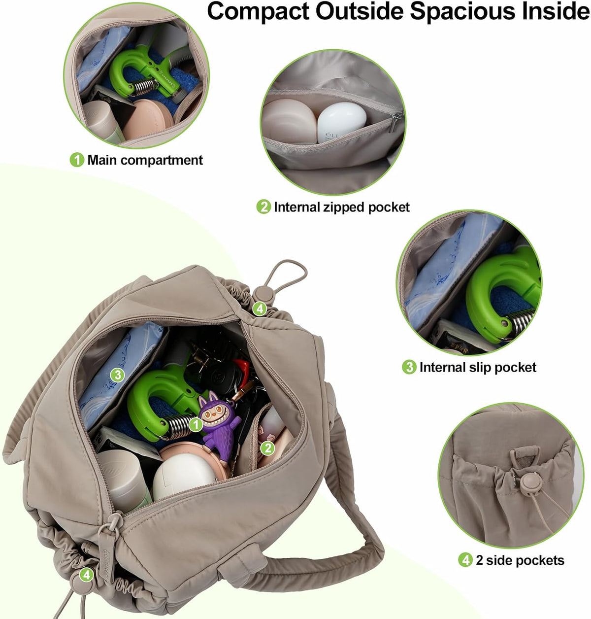 Puffer Mini Gym Bag for Women, Lightweight Travel Bag with Detachable Shoulder Strap, Overnight Weekender for Sports Short Trip Daily Use, Pink