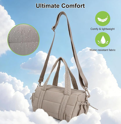 Puffer Mini Gym Bag for Women, Lightweight Travel Bag with Detachable Shoulder Strap, Overnight Weekender for Sports Short Trip Daily Use, Pink
