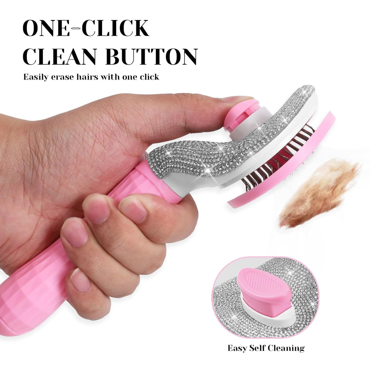 Full Diamonds Self Cleaning Brush for Dogs & Cats - Skin Friendly Slicker Cat & Dog Brush for Shedding - Rhinestone Pink