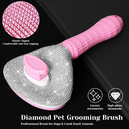 Full Diamonds Self Cleaning Brush for Dogs & Cats - Skin Friendly Slicker Cat & Dog Brush for Shedding - Rhinestone Pink