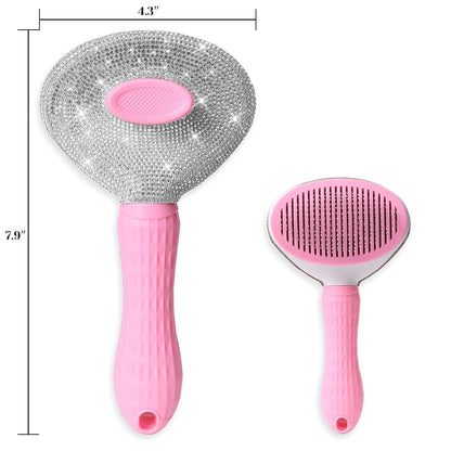 Full Diamonds Self Cleaning Brush for Dogs & Cats - Skin Friendly Slicker Cat & Dog Brush for Shedding - Rhinestone Pink