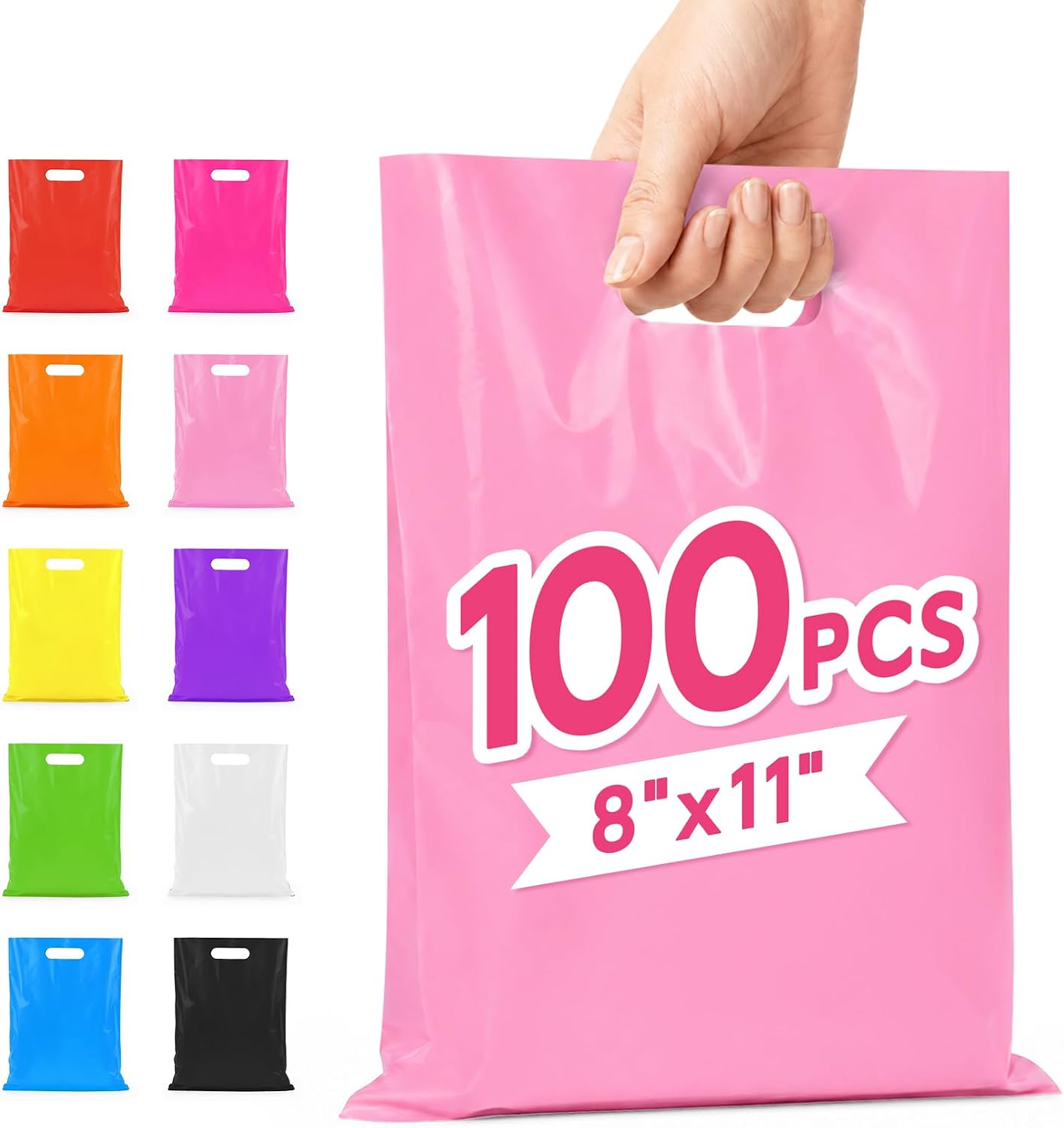 100 Pcs Pink Party Favor Gift Bags 8x11, Small Goodie Bag Bulk | Reusable, Plastic with Handle, Use for Candy Jewelry Treats Goodie Candle Soap, Ideal for Kids Birthday & Small Business