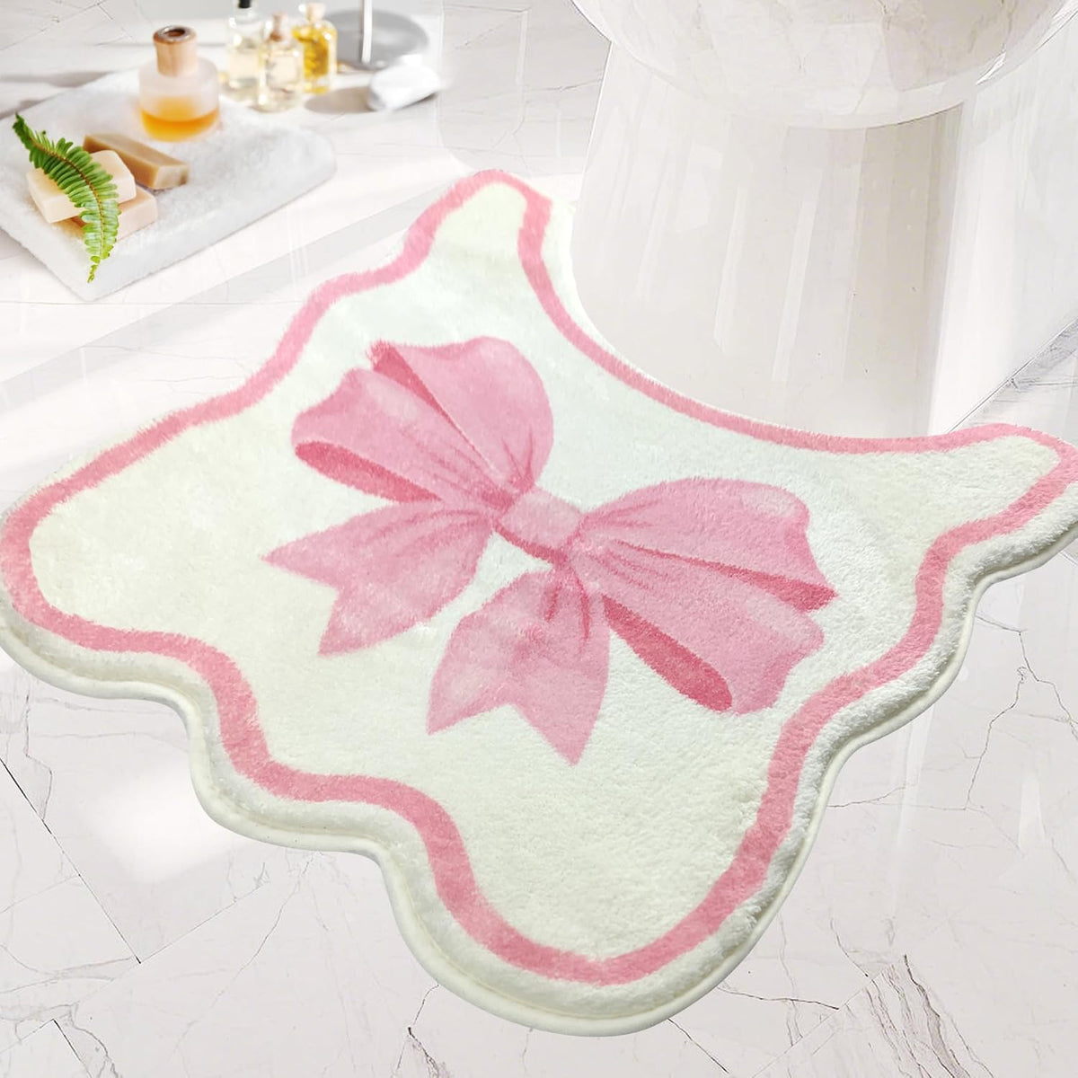 SHIYUE Toilet Rugs U Shaped, Contour Cute Bathroom Mat for Non Slip Around Bath Rug, Extra Thick Soft Microfiber Aesthetic Floor Mats (20"x22" Pink Bow)