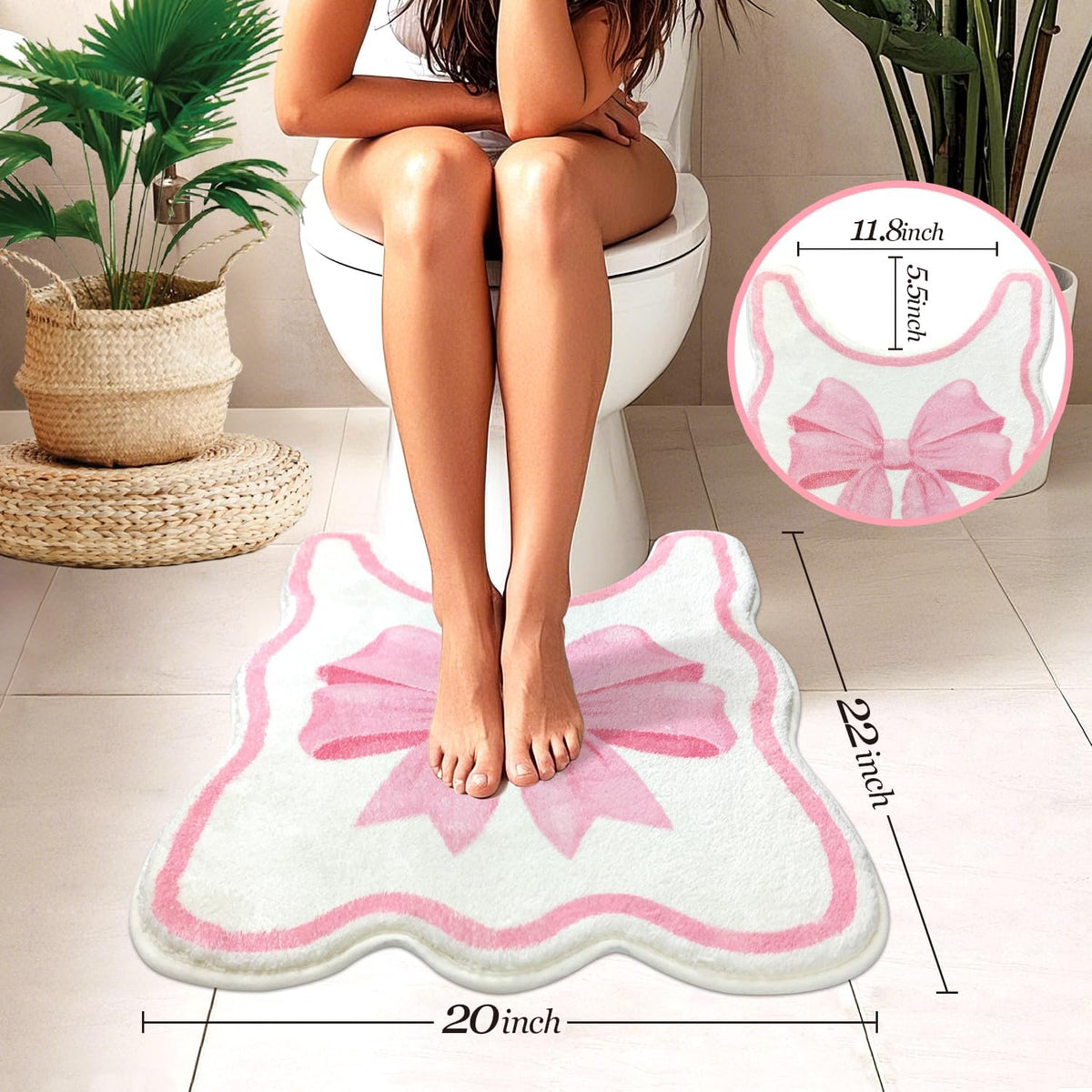 SHIYUE Toilet Rugs U Shaped, Contour Cute Bathroom Mat for Non Slip Around Bath Rug, Extra Thick Soft Microfiber Aesthetic Floor Mats (20"x22" Pink Bow)