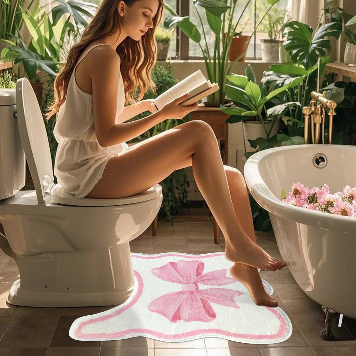 SHIYUE Toilet Rugs U Shaped, Contour Cute Bathroom Mat for Non Slip Around Bath Rug, Extra Thick Soft Microfiber Aesthetic Floor Mats (20"x22" Pink Bow)
