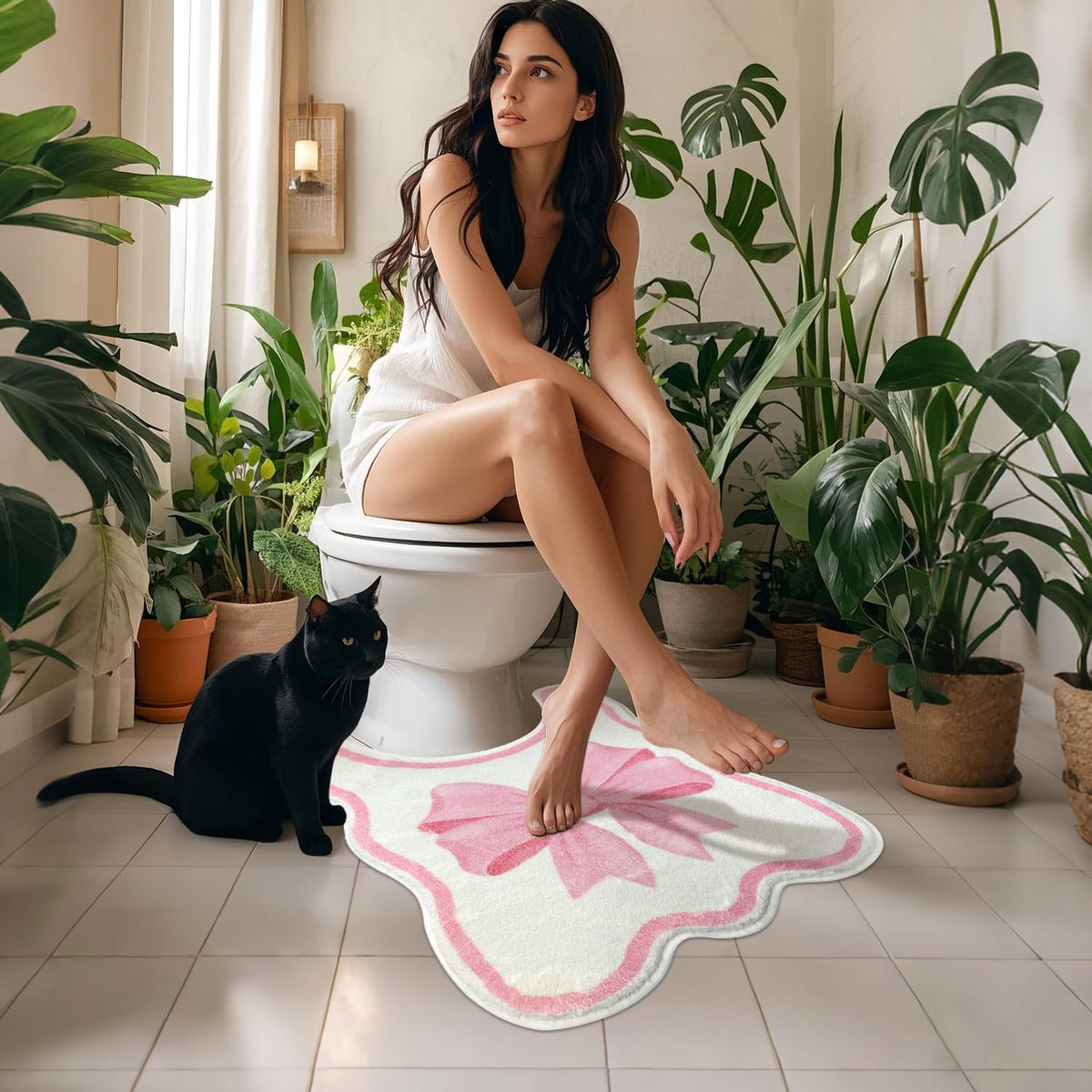 SHIYUE Toilet Rugs U Shaped, Contour Cute Bathroom Mat for Non Slip Around Bath Rug, Extra Thick Soft Microfiber Aesthetic Floor Mats (20"x22" Pink Bow)