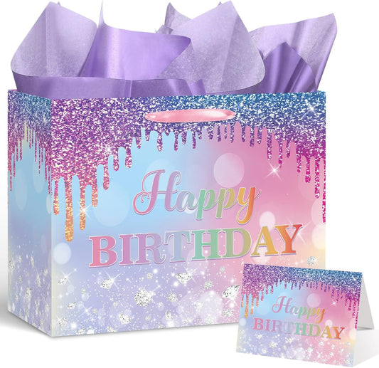 Ombre Birthday Gift Bag for Women Girls Large Pink Purple Blue Glitter Happy Birthday Bag with Wrapping Tissue Paper and Card for Mermaid Unicorn Rainbow Bday Party Supplies Present