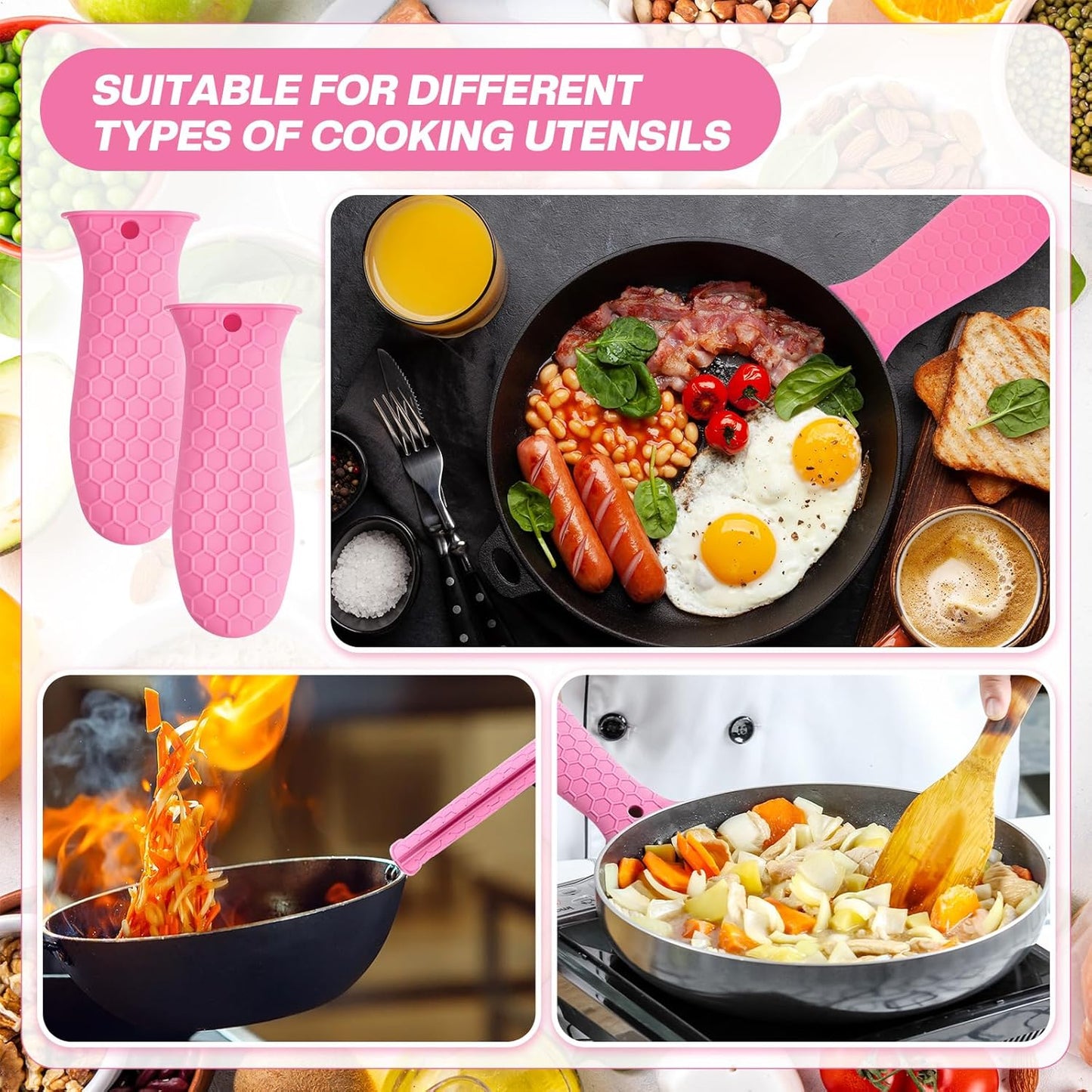 2pcs Silicone Handle Cover for Cast Iron Skillet Kitchen Silicone Handles for Pots and Pans Non-Slip Pot Holder Sleeve for Fry Pan Griddles Metal Aluminum Cookware(Pink)