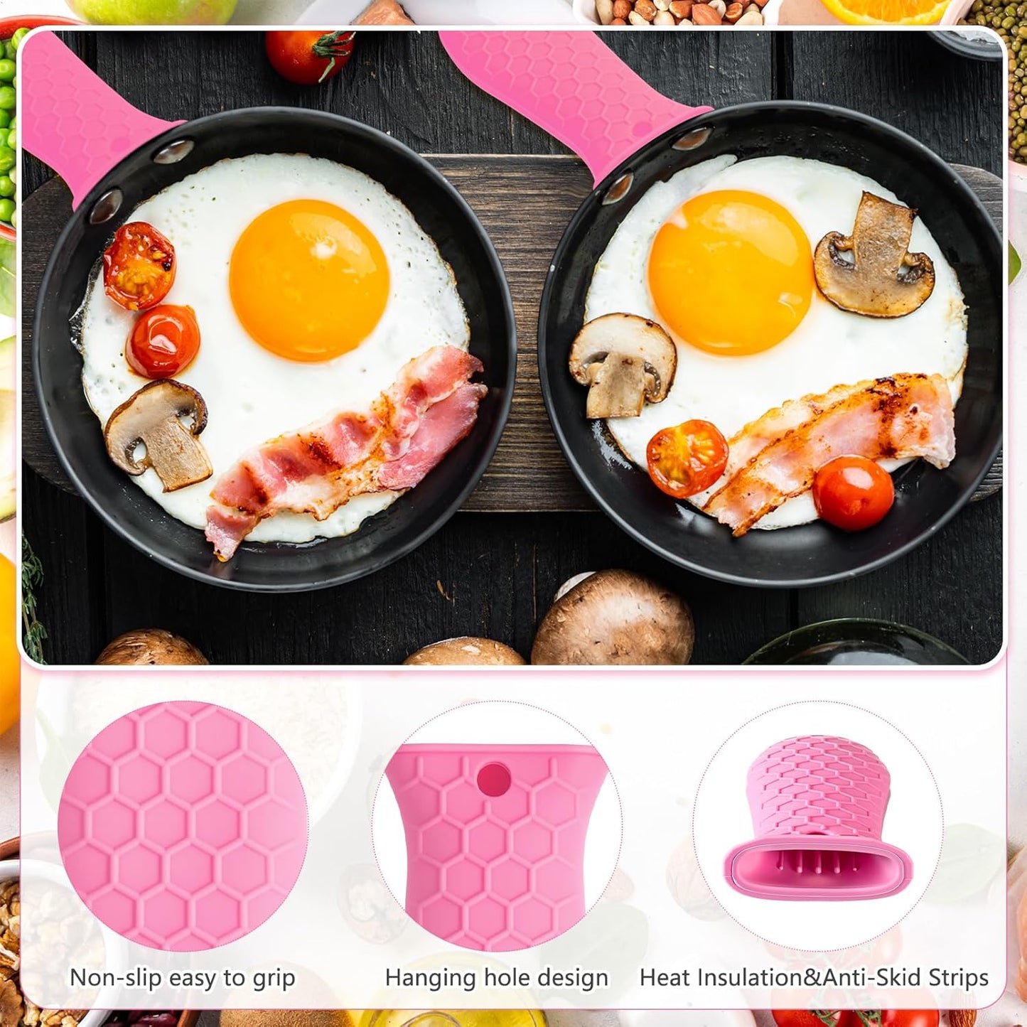 2pcs Silicone Handle Cover for Cast Iron Skillet Kitchen Silicone Handles for Pots and Pans Non-Slip Pot Holder Sleeve for Fry Pan Griddles Metal Aluminum Cookware(Pink)