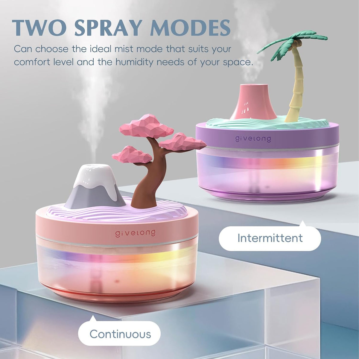 Mini Humidifier Bedroom Quiet Air Humidifier with Landscape Decoration for Nursery Office Small Room and Plant - Night Lights, Auto Shut-off, Two Spray Modes (Pink cherry tree)