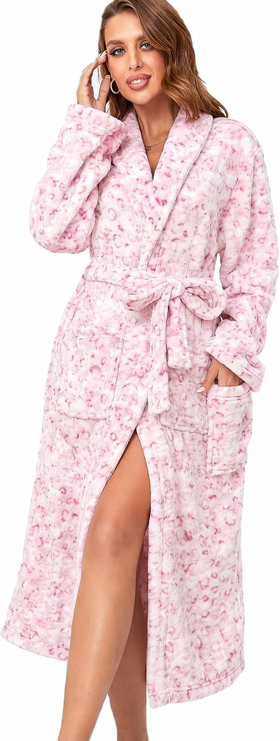 Womens Bathrobe Ladies Fleece Plush Warm Long Robes Fleece Nightgown Sleepwear