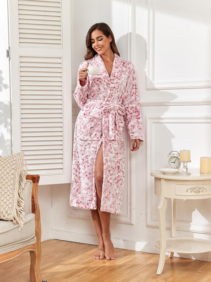 Womens Bathrobe Ladies Fleece Plush Warm Long Robes Fleece Nightgown Sleepwear