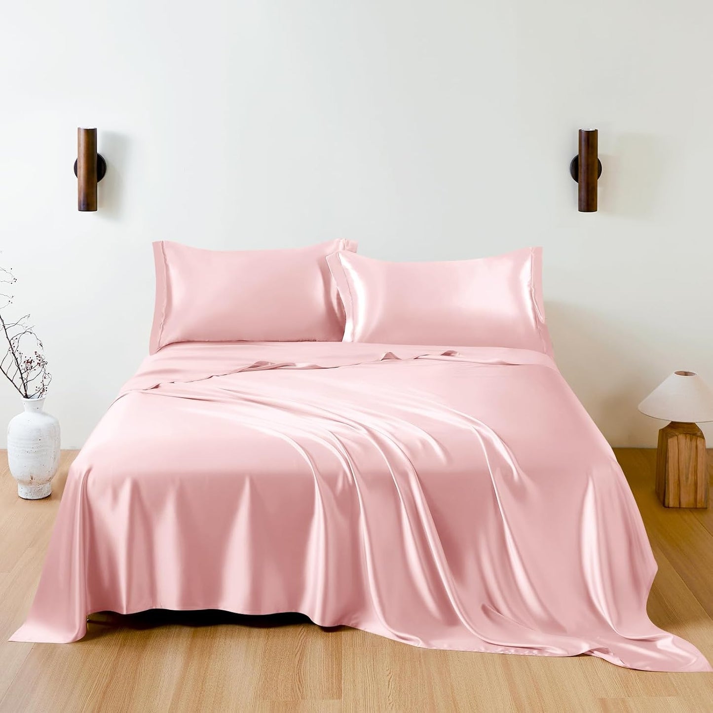 100% Mulberry Silk Sheet Set, 7A+ Silk Sheet Set Soft Breathable, Luxury Bedding (1 Flat Sheet, 1 Fitted Sheet, 2 Pillow Shams) California King, Charming Pink