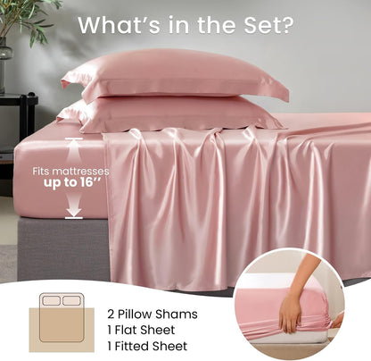 100% Mulberry Silk Sheet Set, 7A+ Silk Sheet Set Soft Breathable, Luxury Bedding (1 Flat Sheet, 1 Fitted Sheet, 2 Pillow Shams) California King, Charming Pink