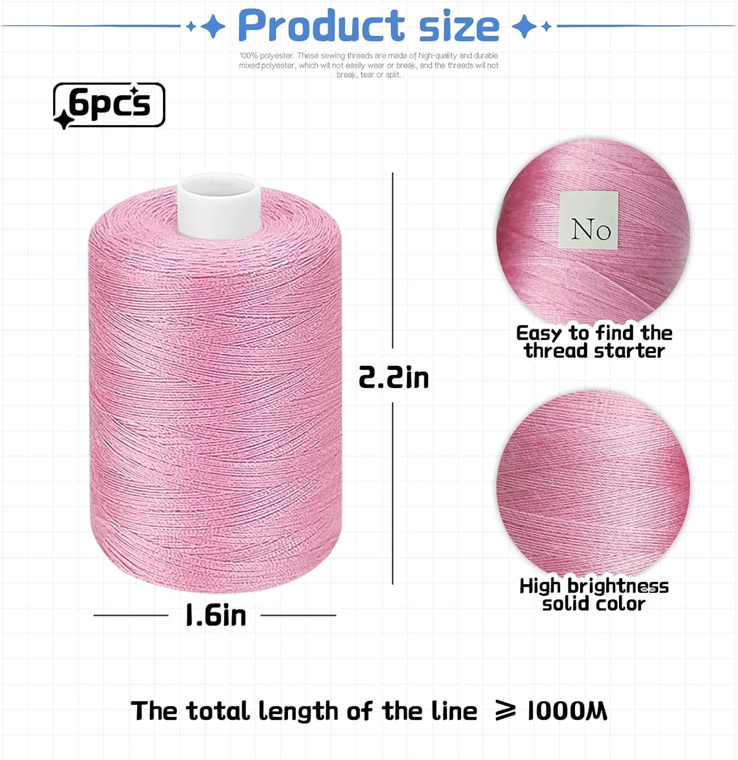 Pink Thread for Sewing | 6 Spools of 1000 Yards Polyester Quilting Thread | All Purpose Sewing Thread Black; 6 Rolls x1000 Yards Polyester Quilting Thread for Sewing Machine; Hand Stitching Embroidery