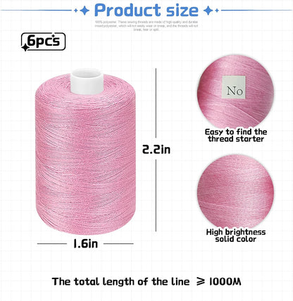 Pink Thread for Sewing | 6 Spools of 1000 Yards Polyester Quilting Thread | All Purpose Sewing Thread Black; 6 Rolls x1000 Yards Polyester Quilting Thread for Sewing Machine; Hand Stitching Embroidery