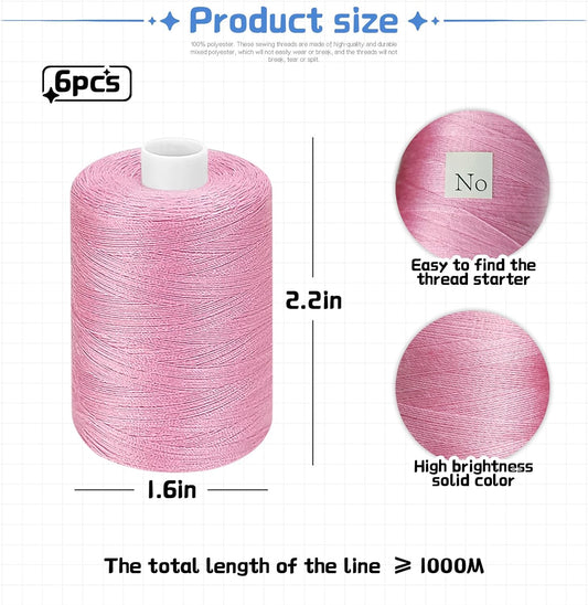 Pink Thread for Sewing | 6 Spools of 1000 Yards Polyester Quilting Thread | All Purpose Sewing Thread Black; 6 Rolls x1000 Yards Polyester Quilting Thread for Sewing Machine; Hand Stitching Embroidery