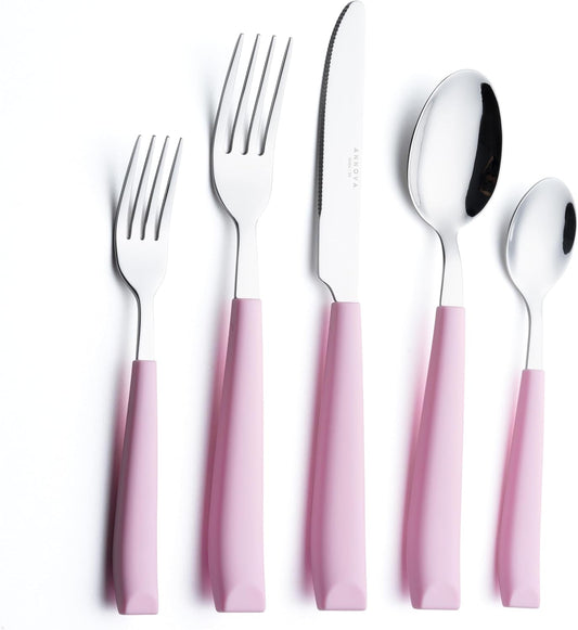 ANNOVA Silverware Set Stainless Steel Colorful Handle Tableware Kitchen Flatware Set Utensils, Includes Dinner Knives, Forks, Spoons, Salad Forks & Dessert Spoons (Light Pink, 20 Pieces)