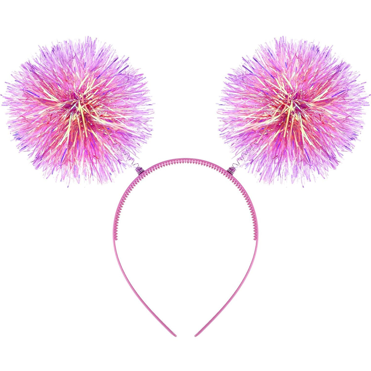 Foil Strips Pom Pom Headband Glitter Tinsel Headband Pink Hair Accessories for Women, Fluffy Pom Ball Headbands for Halloween Cosplay Christmas Day Party(Pink)