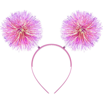 Foil Strips Pom Pom Headband Glitter Tinsel Headband Pink Hair Accessories for Women, Fluffy Pom Ball Headbands for Halloween Cosplay Christmas Day Party(Pink)