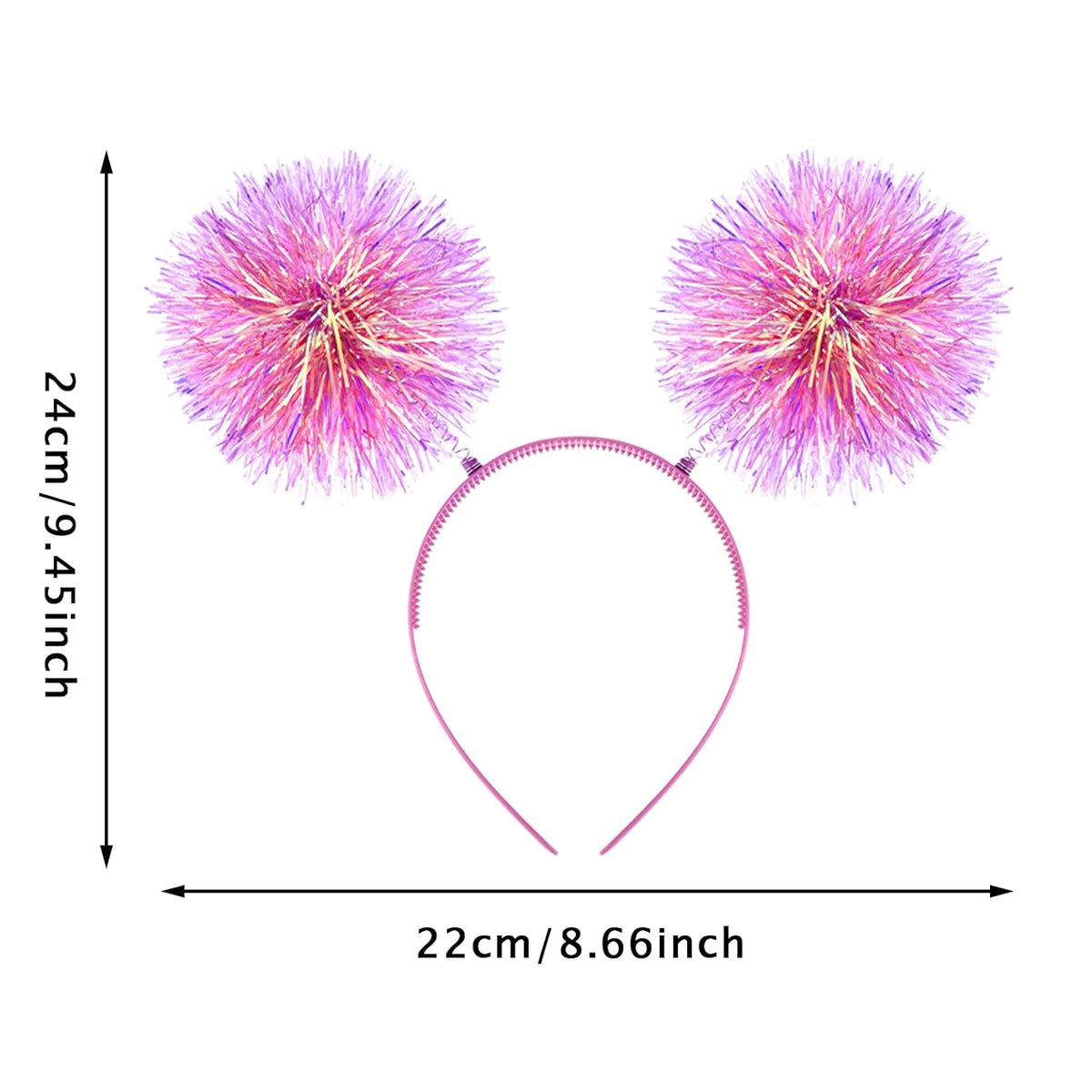 Foil Strips Pom Pom Headband Glitter Tinsel Headband Pink Hair Accessories for Women, Fluffy Pom Ball Headbands for Halloween Cosplay Christmas Day Party(Pink)