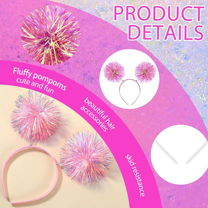 Foil Strips Pom Pom Headband Glitter Tinsel Headband Pink Hair Accessories for Women, Fluffy Pom Ball Headbands for Halloween Cosplay Christmas Day Party(Pink)