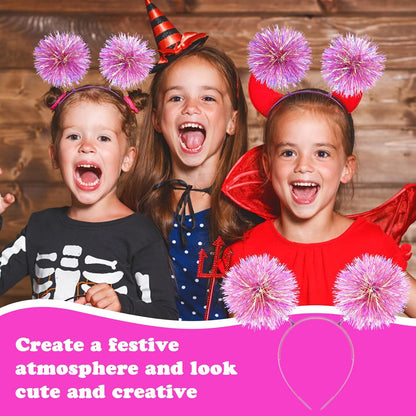 Foil Strips Pom Pom Headband Glitter Tinsel Headband Pink Hair Accessories for Women, Fluffy Pom Ball Headbands for Halloween Cosplay Christmas Day Party(Pink)
