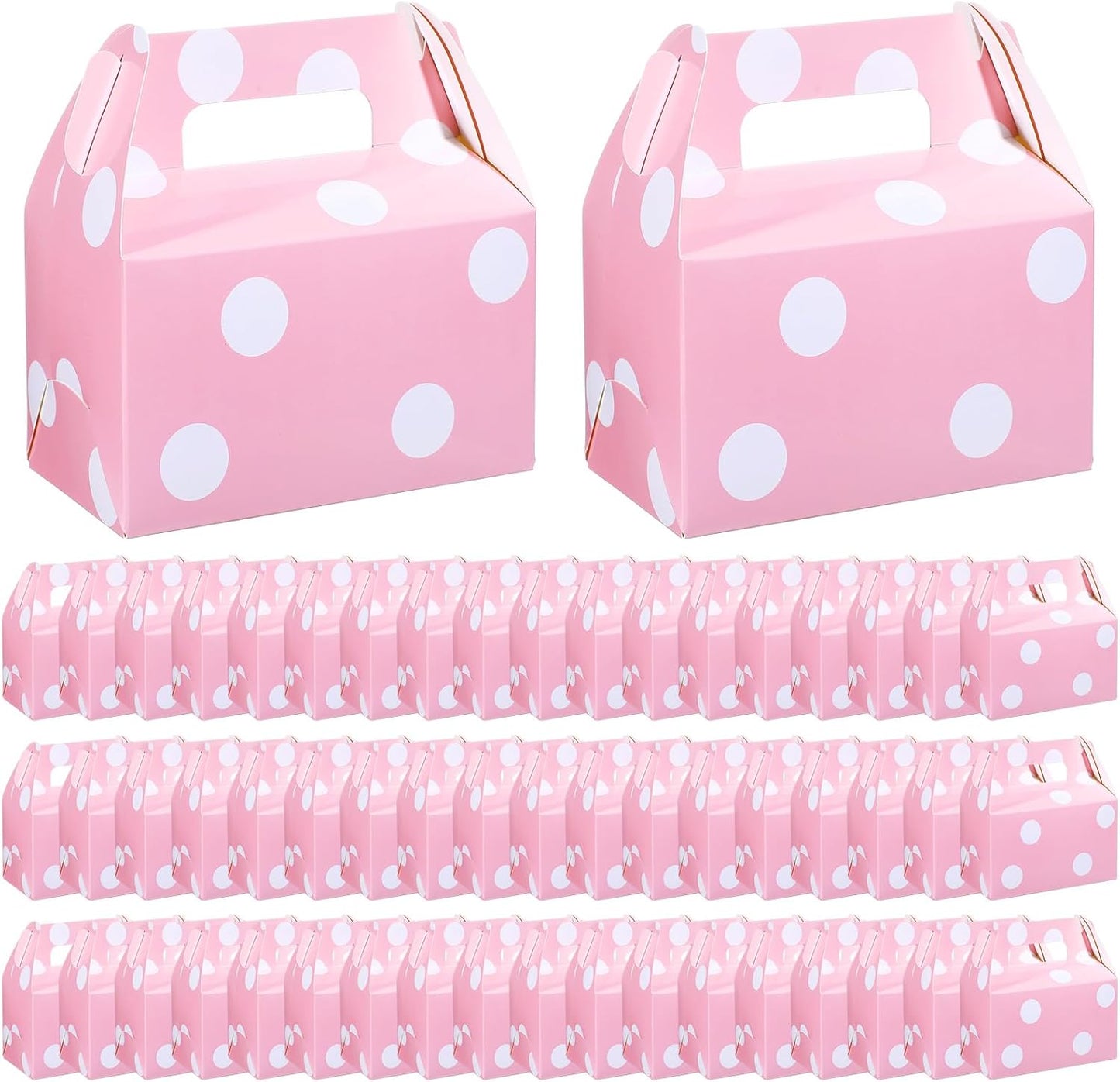 50 Pcs Pink Polka Dot Party Favors Boxes Large Treat Candy Gift Boxes with Handles 6.3 x 6.3 x 3.5 Inches for Birthday Halloween Christmas Party Supplies
