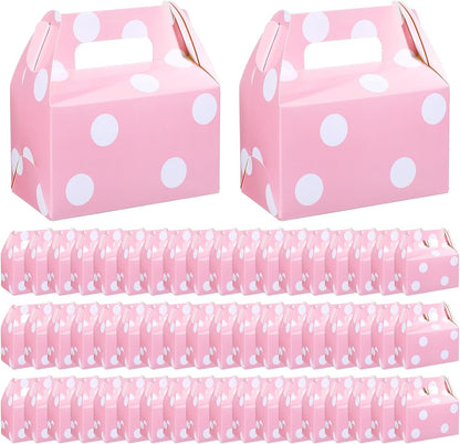 50 Pcs Pink Polka Dot Party Favors Boxes Large Treat Candy Gift Boxes with Handles 6.3 x 6.3 x 3.5 Inches for Birthday Halloween Christmas Party Supplies