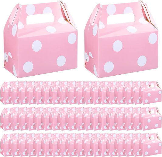 50 Pcs Pink Polka Dot Party Favors Boxes Large Treat Candy Gift Boxes with Handles 6.3 x 6.3 x 3.5 Inches for Birthday Halloween Christmas Party Supplies