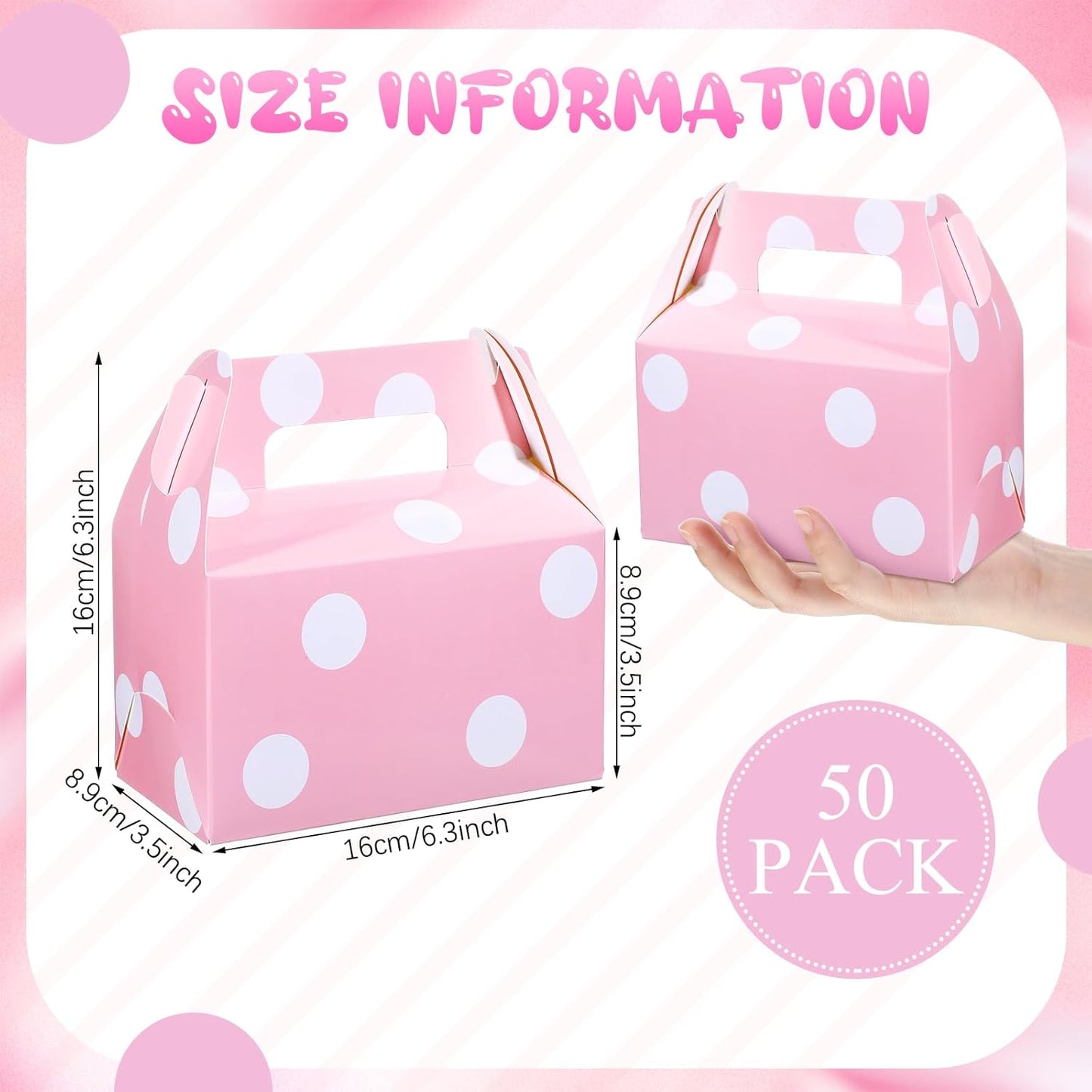 50 Pcs Pink Polka Dot Party Favors Boxes Large Treat Candy Gift Boxes with Handles 6.3 x 6.3 x 3.5 Inches for Birthday Halloween Christmas Party Supplies