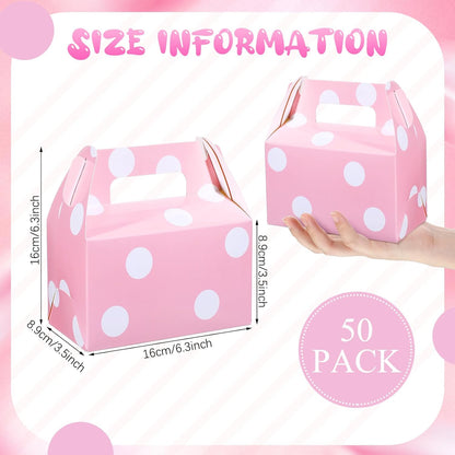 50 Pcs Pink Polka Dot Party Favors Boxes Large Treat Candy Gift Boxes with Handles 6.3 x 6.3 x 3.5 Inches for Birthday Halloween Christmas Party Supplies