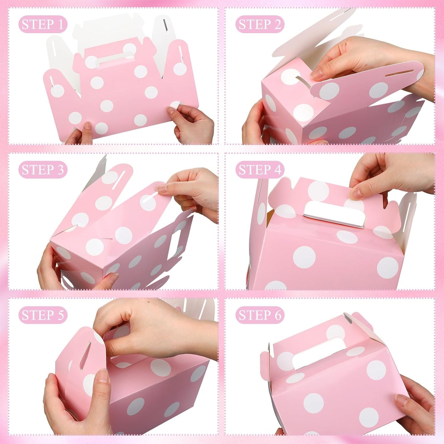 50 Pcs Pink Polka Dot Party Favors Boxes Large Treat Candy Gift Boxes with Handles 6.3 x 6.3 x 3.5 Inches for Birthday Halloween Christmas Party Supplies