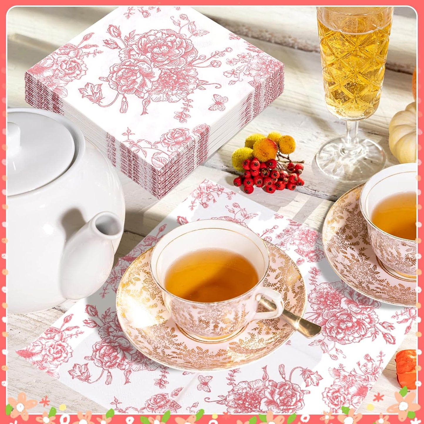 100Pc Pink Floral Napkins for Decorations Cocktail Napkins Disposable Paper Beverage Napkin Butterfly Dessert Napkin Decorative Dinner Napkin for Wedding Bridal Baby Shower Birthday Tea Party