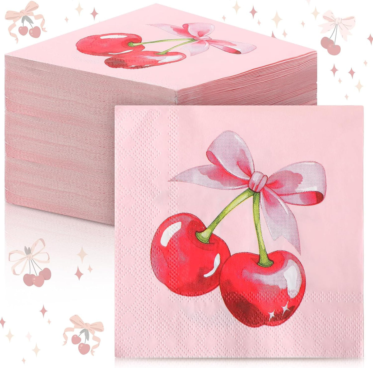 50 Pcs Pink Bow Party Decoration Coquette Cherry Napkin 3 Ply Pink Birthday Dinner Disposable Paper Party Supplies for Wedding Birthday Bachelorette Baby Shower(Cherry Bow)