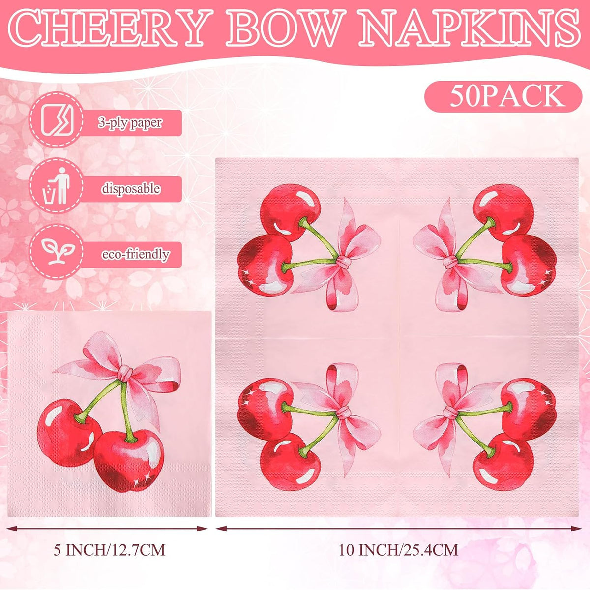 50 Pcs Pink Bow Party Decoration Coquette Cherry Napkin 3 Ply Pink Birthday Dinner Disposable Paper Party Supplies for Wedding Birthday Bachelorette Baby Shower(Cherry Bow)