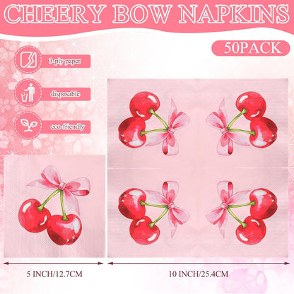 50 Pcs Pink Bow Party Decoration Coquette Cherry Napkin 3 Ply Pink Birthday Dinner Disposable Paper Party Supplies for Wedding Birthday Bachelorette Baby Shower(Cherry Bow)