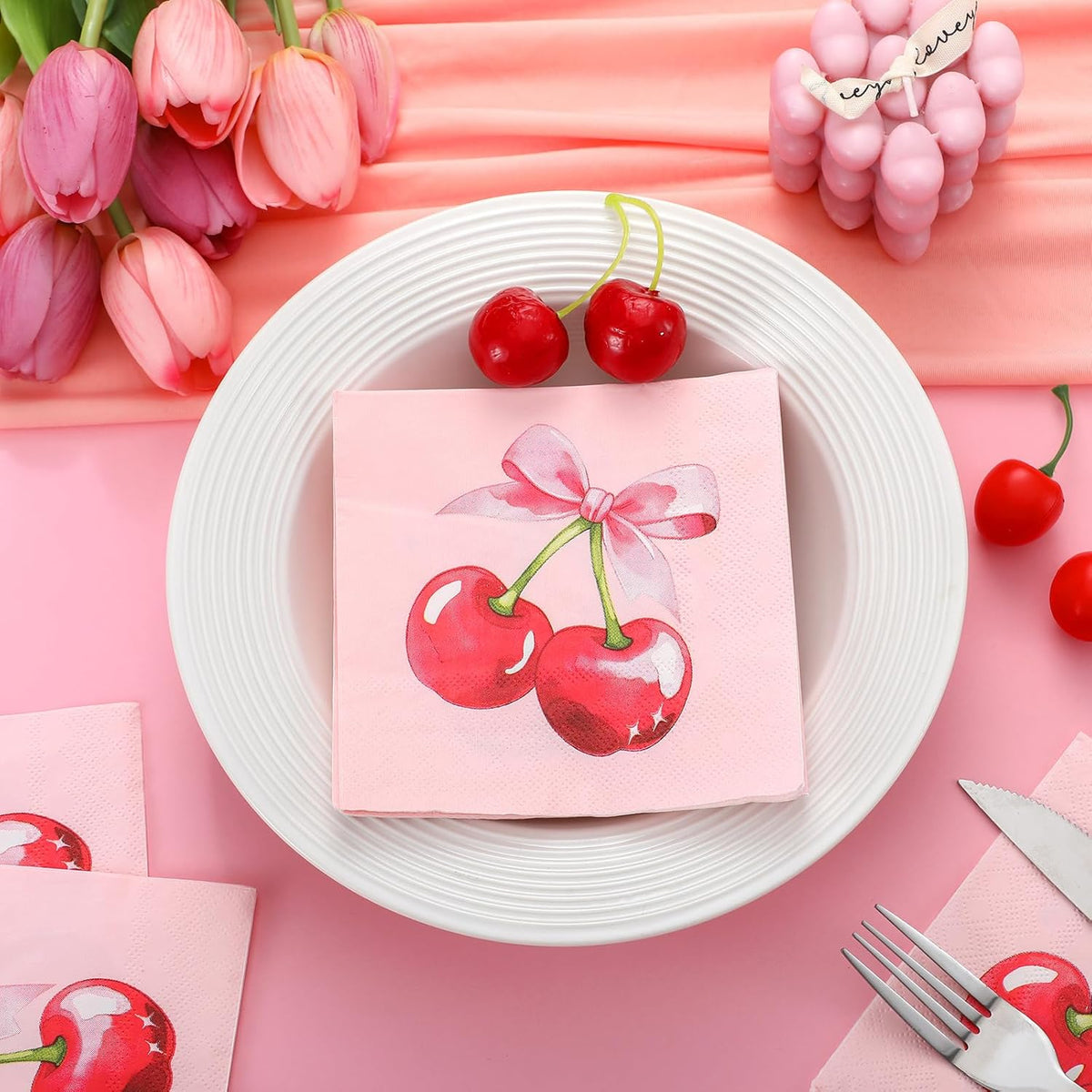 50 Pcs Pink Bow Party Decoration Coquette Cherry Napkin 3 Ply Pink Birthday Dinner Disposable Paper Party Supplies for Wedding Birthday Bachelorette Baby Shower(Cherry Bow)