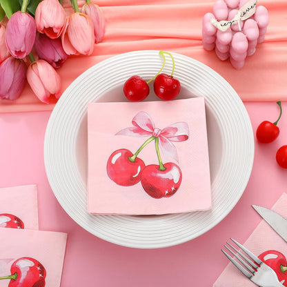 50 Pcs Pink Bow Party Decoration Coquette Cherry Napkin 3 Ply Pink Birthday Dinner Disposable Paper Party Supplies for Wedding Birthday Bachelorette Baby Shower(Cherry Bow)