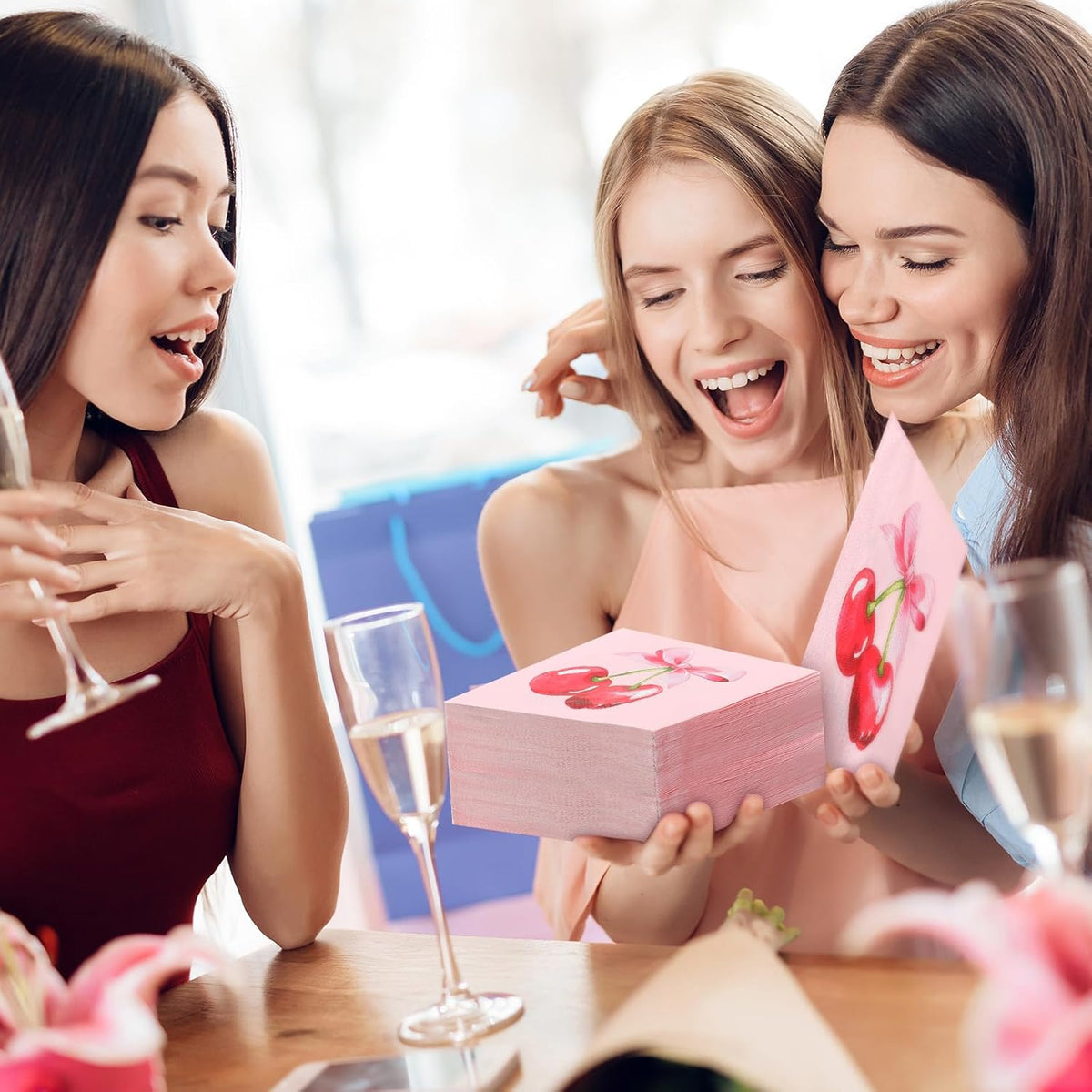 50 Pcs Pink Bow Party Decoration Coquette Cherry Napkin 3 Ply Pink Birthday Dinner Disposable Paper Party Supplies for Wedding Birthday Bachelorette Baby Shower(Cherry Bow)
