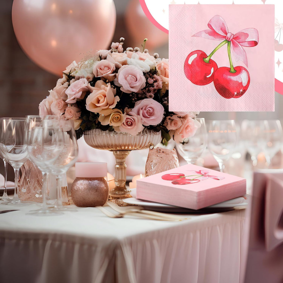 50 Pcs Pink Bow Party Decoration Coquette Cherry Napkin 3 Ply Pink Birthday Dinner Disposable Paper Party Supplies for Wedding Birthday Bachelorette Baby Shower(Cherry Bow)