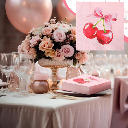 50 Pcs Pink Bow Party Decoration Coquette Cherry Napkin 3 Ply Pink Birthday Dinner Disposable Paper Party Supplies for Wedding Birthday Bachelorette Baby Shower(Cherry Bow)