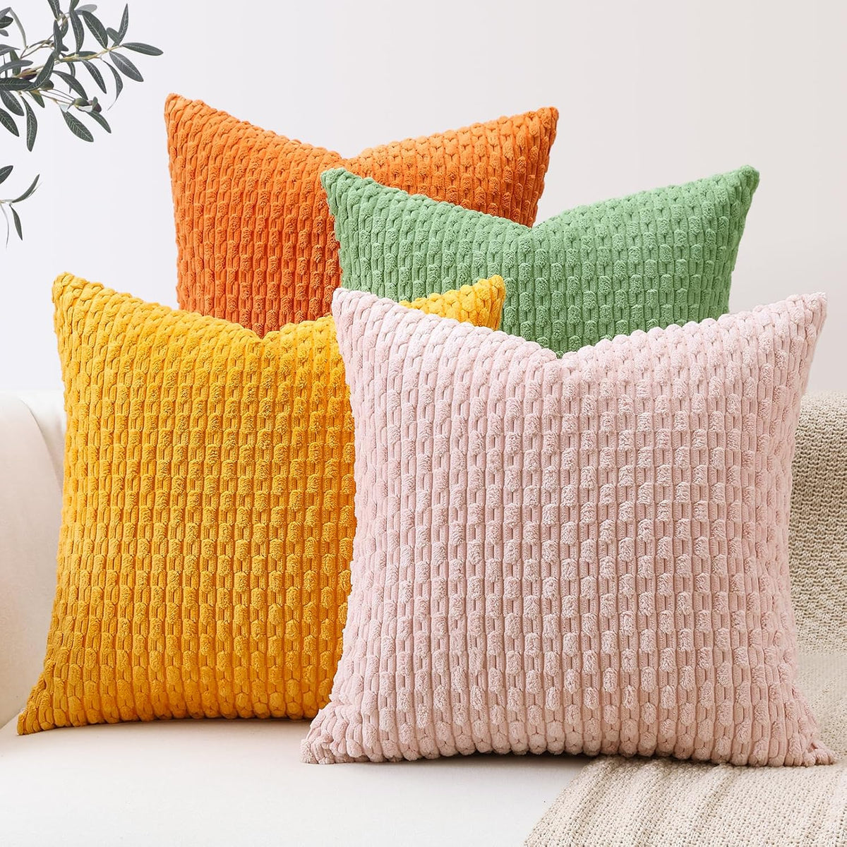 Set of 4 Soft Corduroy Decorative Throw Pillow Covers 18x18 Square Striped Boho Pillow Cases for Sofa Couch Bedroom Living Room Home Decor Cushion Cover, Sage Green/Light Pink/Yellow/Orange