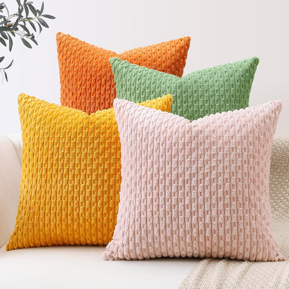 Set of 4 Soft Corduroy Decorative Throw Pillow Covers 18x18 Square Striped Boho Pillow Cases for Sofa Couch Bedroom Living Room Home Decor Cushion Cover, Sage Green/Light Pink/Yellow/Orange