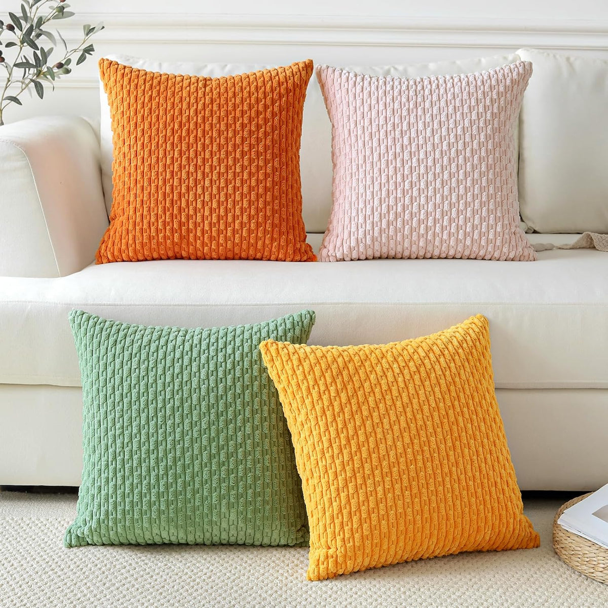 Set of 4 Soft Corduroy Decorative Throw Pillow Covers 18x18 Square Striped Boho Pillow Cases for Sofa Couch Bedroom Living Room Home Decor Cushion Cover, Sage Green/Light Pink/Yellow/Orange