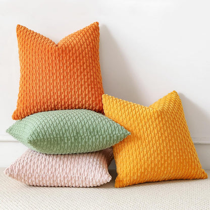 Set of 4 Soft Corduroy Decorative Throw Pillow Covers 18x18 Square Striped Boho Pillow Cases for Sofa Couch Bedroom Living Room Home Decor Cushion Cover, Sage Green/Light Pink/Yellow/Orange
