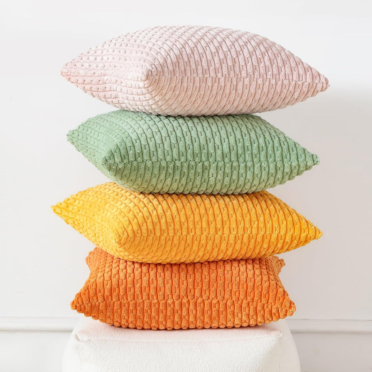 Set of 4 Soft Corduroy Decorative Throw Pillow Covers 18x18 Square Striped Boho Pillow Cases for Sofa Couch Bedroom Living Room Home Decor Cushion Cover, Sage Green/Light Pink/Yellow/Orange
