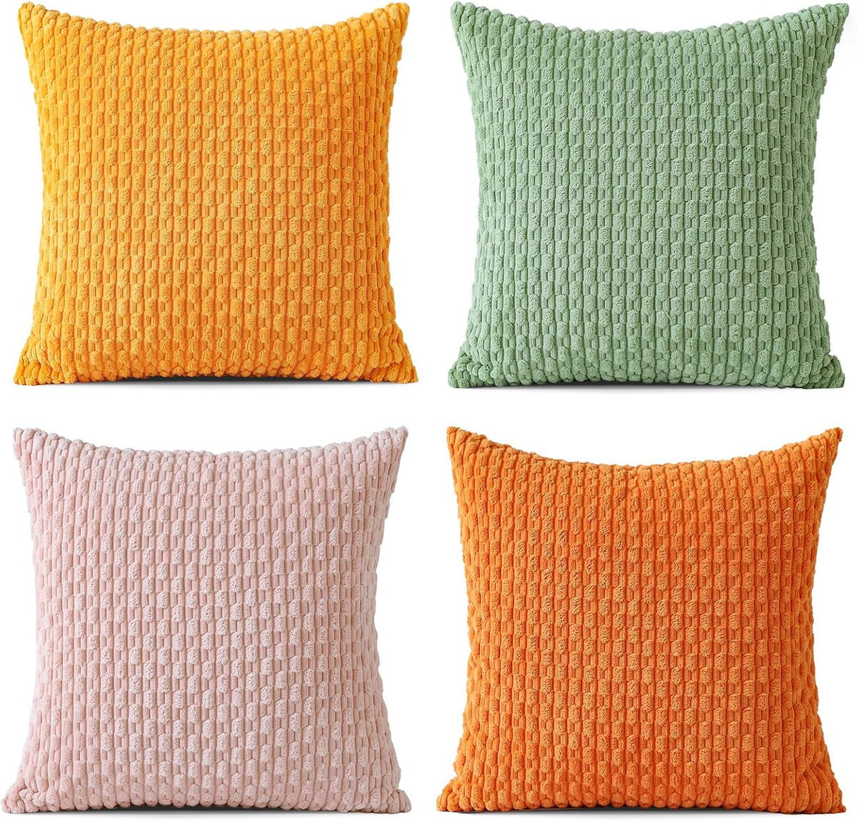 Set of 4 Soft Corduroy Decorative Throw Pillow Covers 18x18 Square Striped Boho Pillow Cases for Sofa Couch Bedroom Living Room Home Decor Cushion Cover, Sage Green/Light Pink/Yellow/Orange