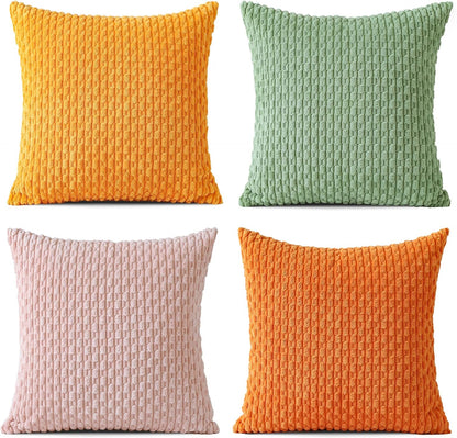 Set of 4 Soft Corduroy Decorative Throw Pillow Covers 18x18 Square Striped Boho Pillow Cases for Sofa Couch Bedroom Living Room Home Decor Cushion Cover, Sage Green/Light Pink/Yellow/Orange
