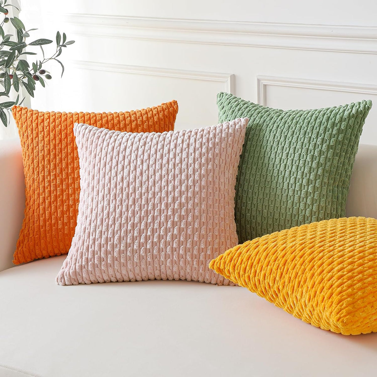 Set of 4 Soft Corduroy Decorative Throw Pillow Covers 18x18 Square Striped Boho Pillow Cases for Sofa Couch Bedroom Living Room Home Decor Cushion Cover, Sage Green/Light Pink/Yellow/Orange